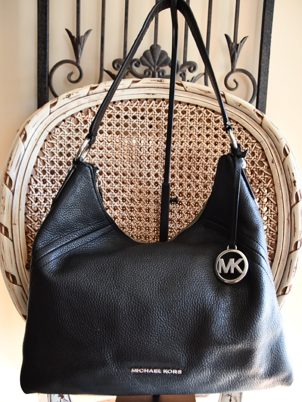 Michael Kors Black Pebbled Leather Hobo with MK Charm